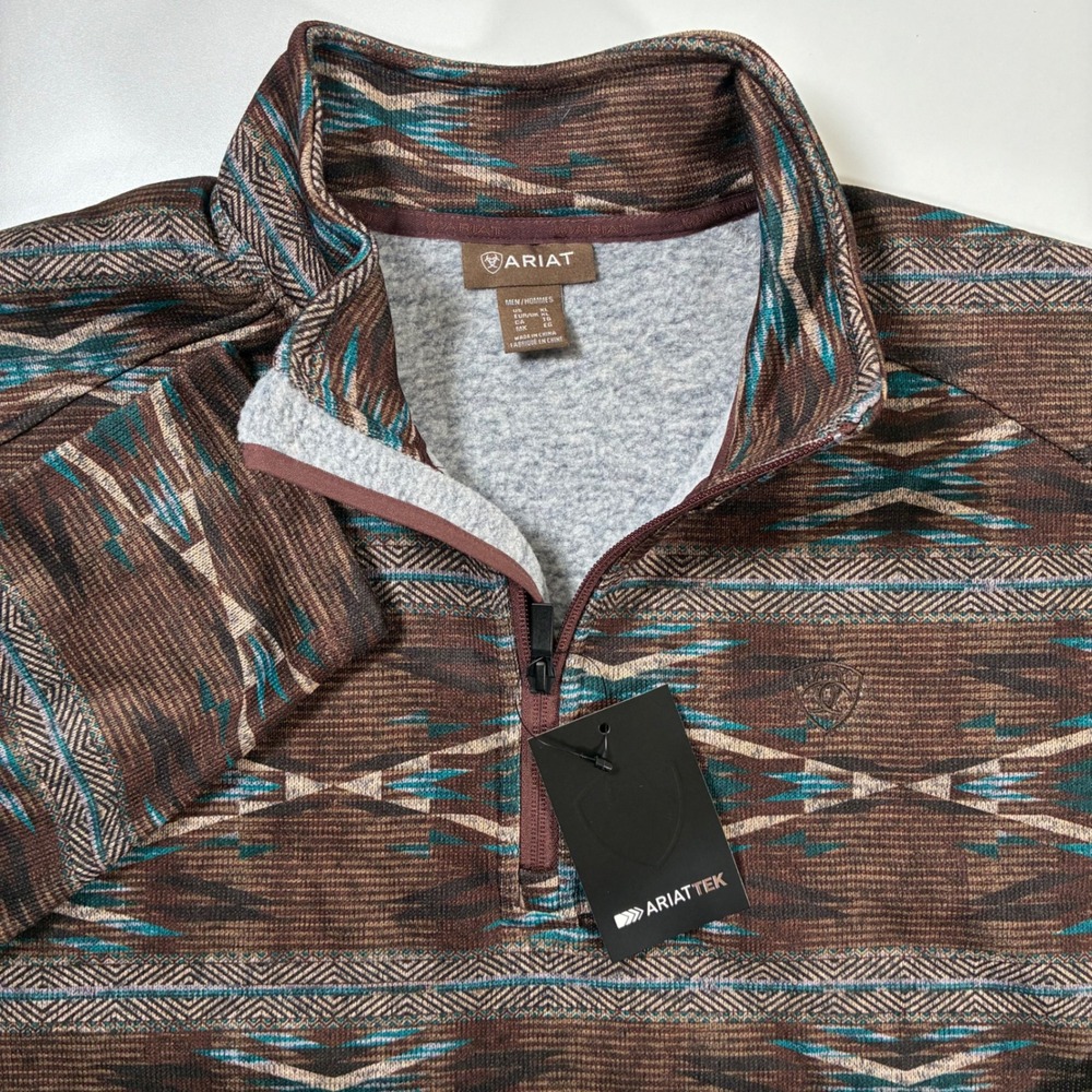 NEW Ariat Caldwell Logo 1/4 Zip Sweater XL Deep Mahogany Southwest Aztec AOP Tek